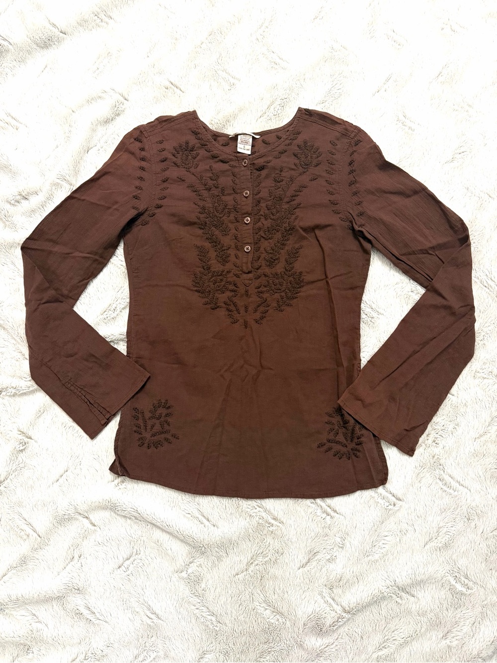 Vintage Abercrombie & Fitch Brown Embroidered Henley Peasant Blouse Boho Top S